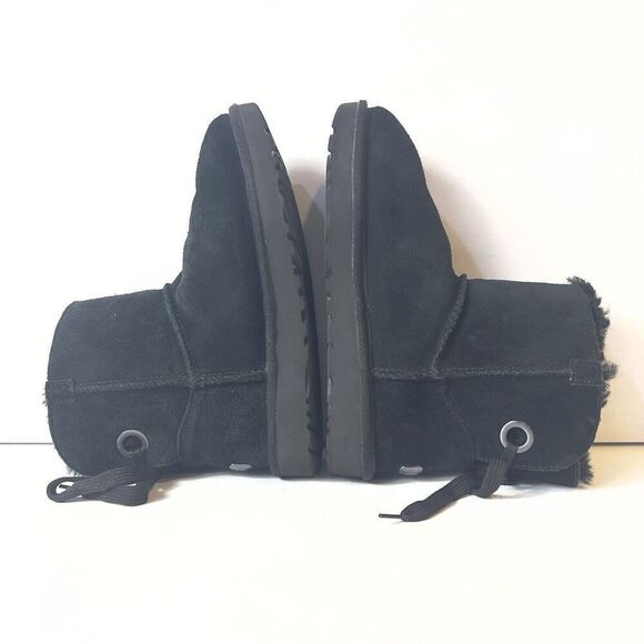 UGG Short Black Suede Winter Boots Womens 6 Pull On Sherpa Lining Comfort Casual - Picture 5 of 12